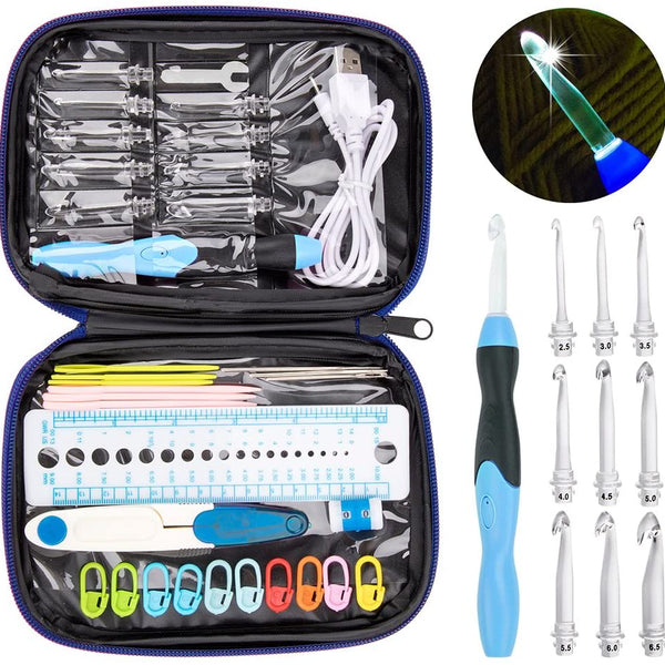 11 Sizes Lighted Crochet Hooks Set Rechargeable Crochet Hook Light Up  Crochet Hooks with Case, Interchangeable Heads 2.5 mm to 8 mm for DIY Craft