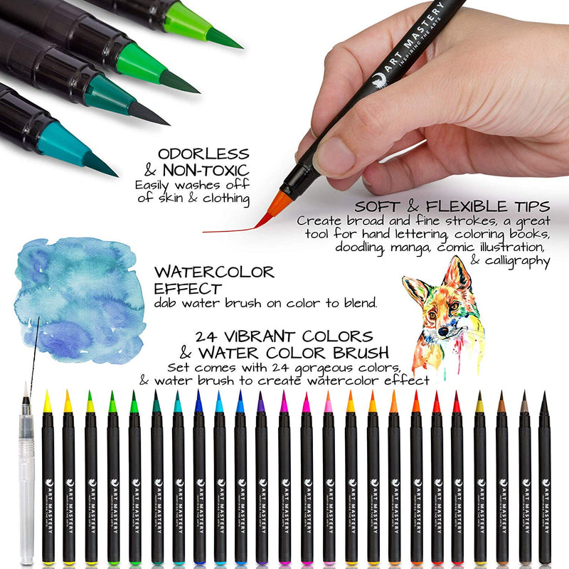 Watercolor Brush Pens Markers - Set of 24 Vibrant Water Color Paint Brushes  with Real Nylon Tips for Watercolor Painting and Hand Lettering- Includes